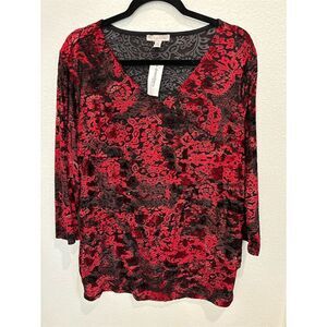 Dressbarn Women's 2XL Multicolor Floral Velvet Blouse V-Neck 3/4 Sleeve